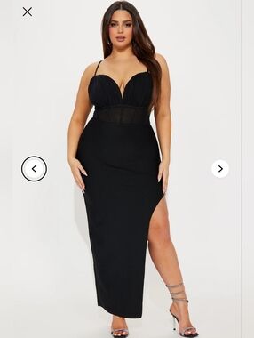 Fashion Nova Women Bandage Black Mesh-Detail Plunge Midi Dress